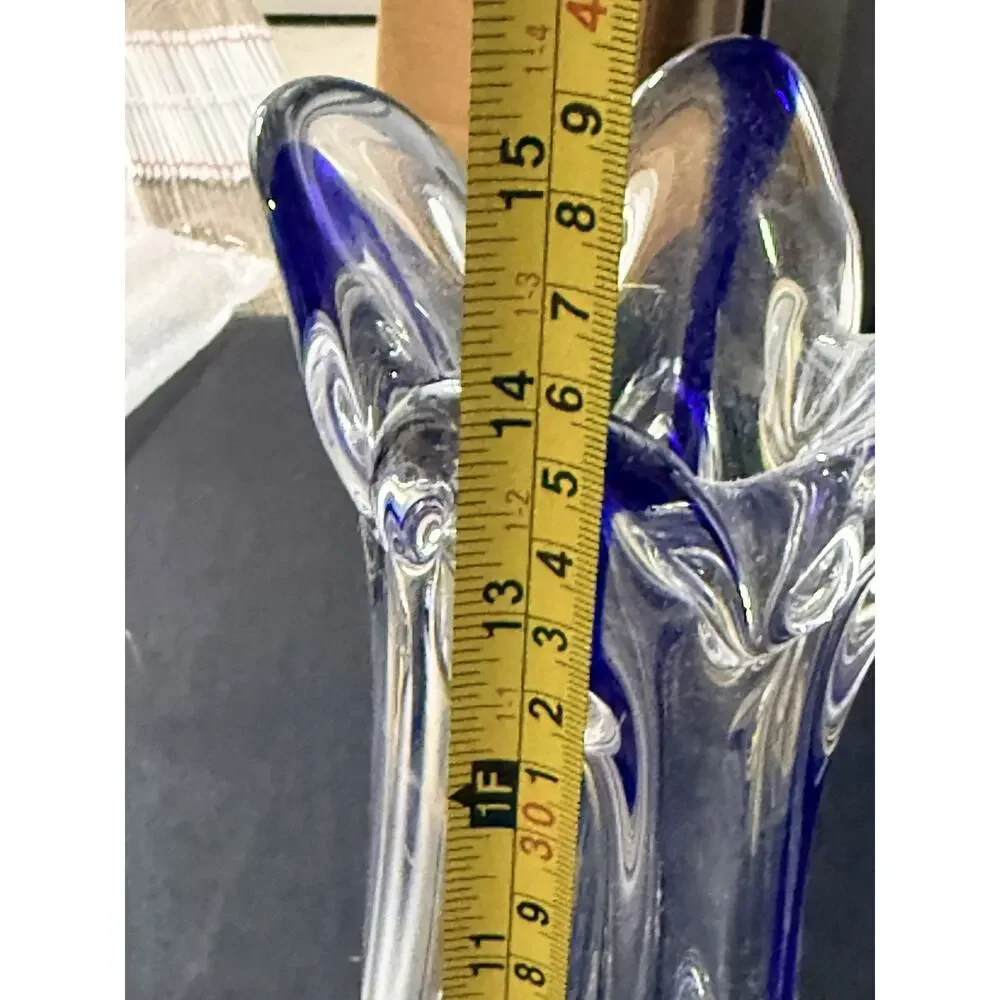 Heavy Art Glass Vase with Cobalt Blue Stripe – 10” Tall